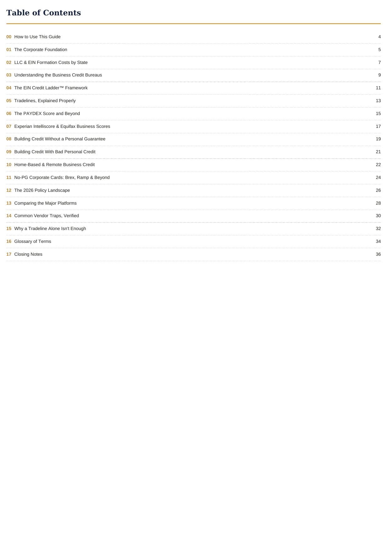 Table of contents page from The Founder's Guide to Business Credit