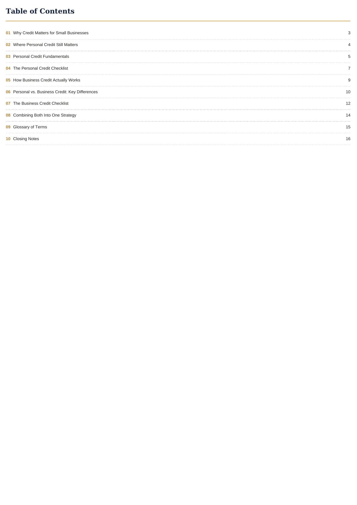 Table of contents page from Smart Credit Strategies for Small Business Owners