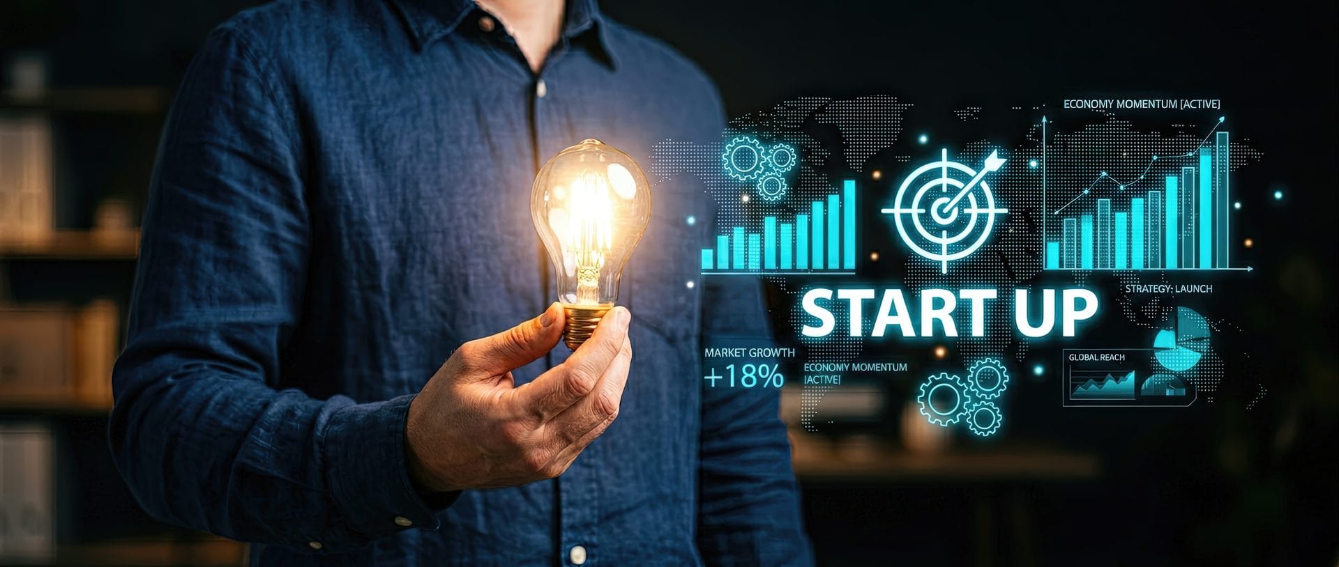 Businessman holding a lit lightbulb beside a glowing startup growth dashboard with market growth, economy momentum, and strategy graphics