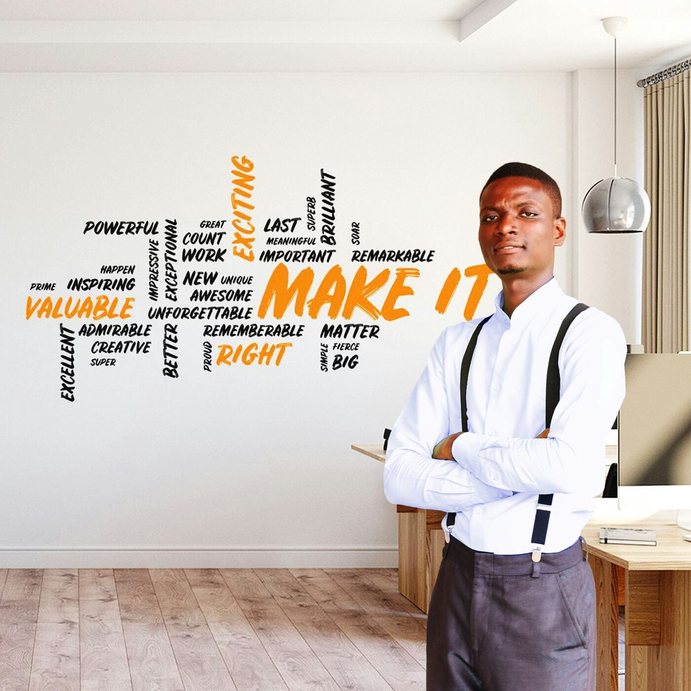 A confident founder standing in front of a wall covered in motivational words reading MAKE IT, representing taking action on your DUNS registration