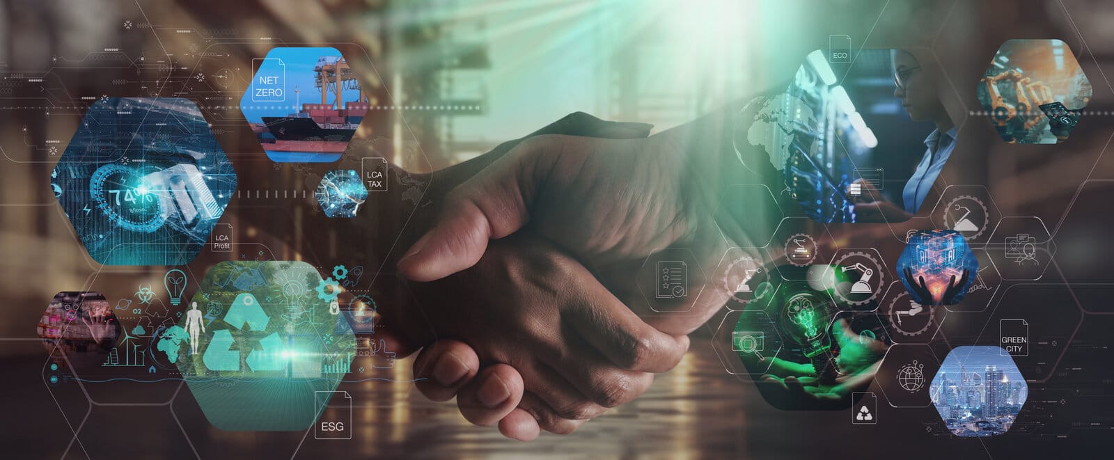 A business handshake overlaid with icons representing ESG, sustainability, AI, and technology partnership